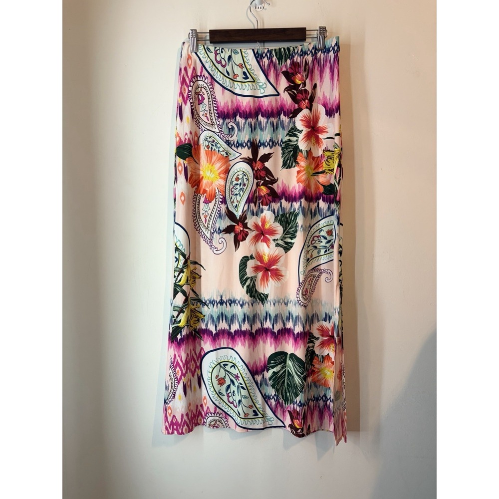 Chico's Sz Small Ikat Paisley Maxi Skirt Slinky Elastic Waist Resort Stretch
